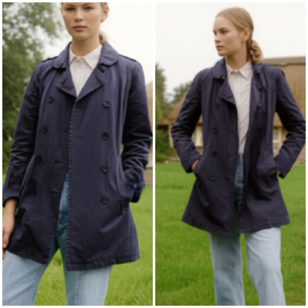 J Crew Navy Blue Classic Twill Chino Preppy Double Breasted Cotton Pea Coat
